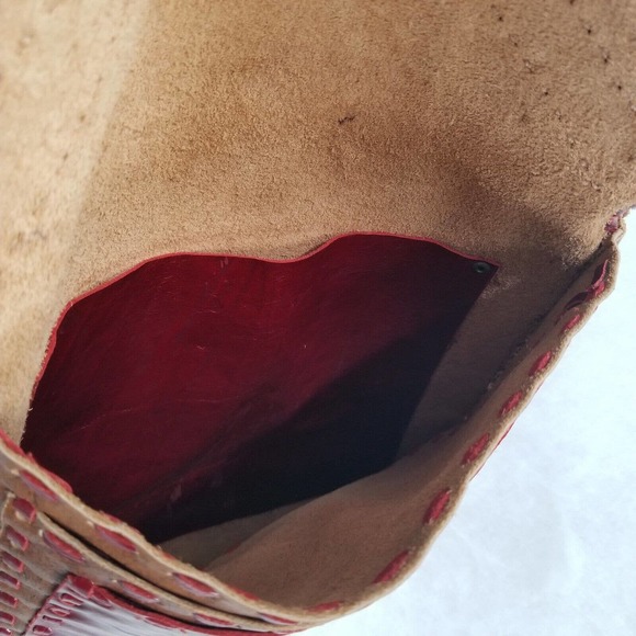 Ethnic Leather Boho Bag Brown & Burgundy 10"L x 10"W Crossbody Adjustable Strap - Picture 5 of 12